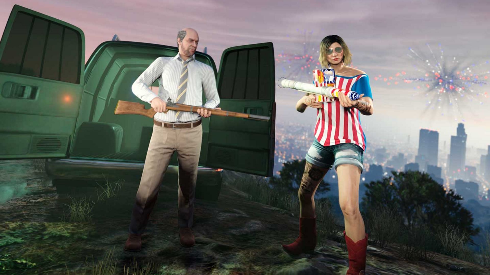 GTA 5 Online character (right) with a Firework Launcher beside the Gun Van (Image via Rockstar Games)